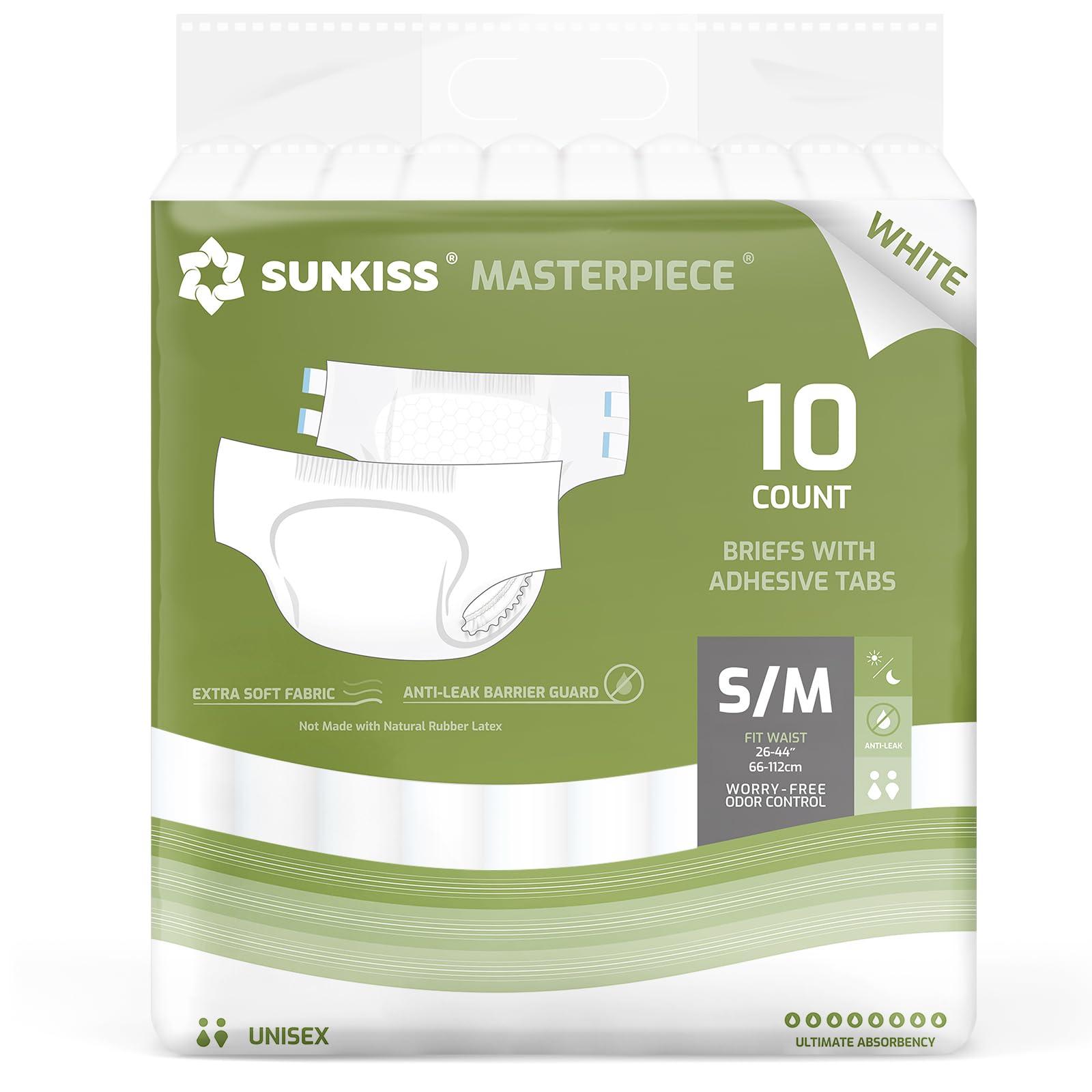 SUNKISS SUNKISS Masterpiece Adult Diapers with Tabs, Unisex Disposable Incontinence Briefs for Women and Men, Odor Control, White, Medium, 10 Count