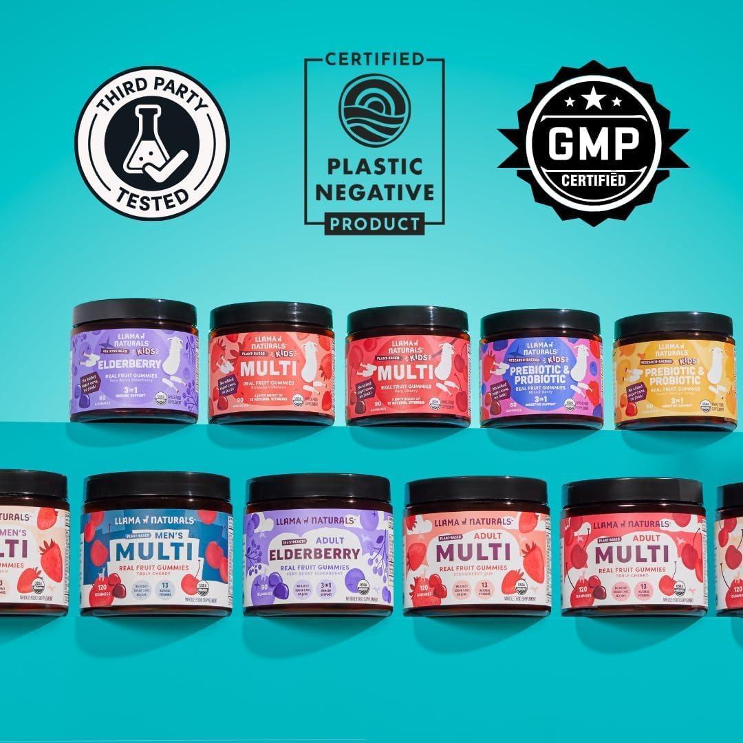 Llama Naturals Llama Naturals Real Fruit Sambucus Elderberry Gummies for Kids, No Added Sugar Cane, Vegan, Organic Toddler Immune Support, Zinc & Vitamin C Children 120 Count (2-4 Month Supply)