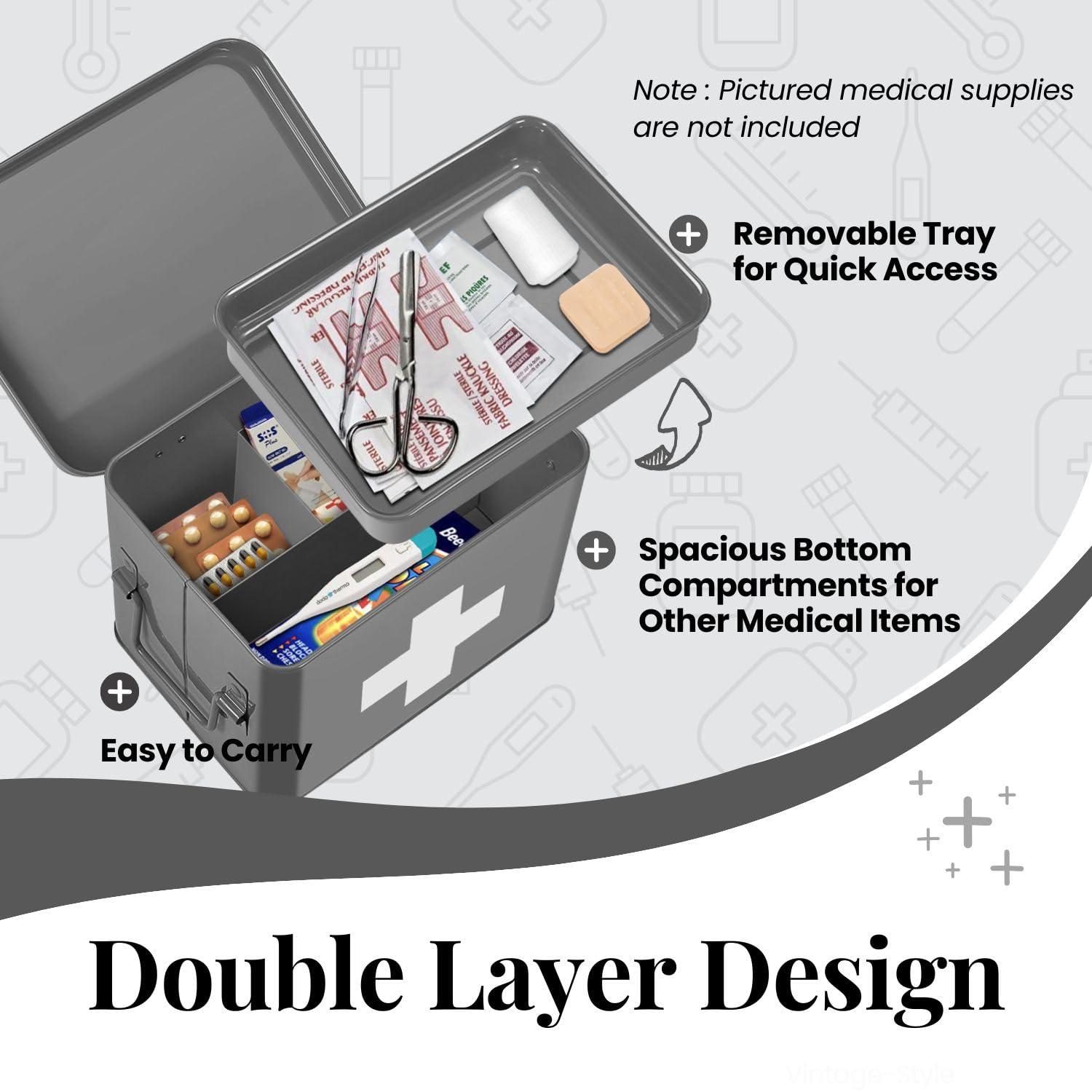 Flexzion Flexzion First Aid Box Organizer, Empty 8.5 Inch Gray Vintage First Aid Kit Tin Metal Medical Box First Aid Storage Box Container Bins with Dividers, Removable Tray and Cross Logo