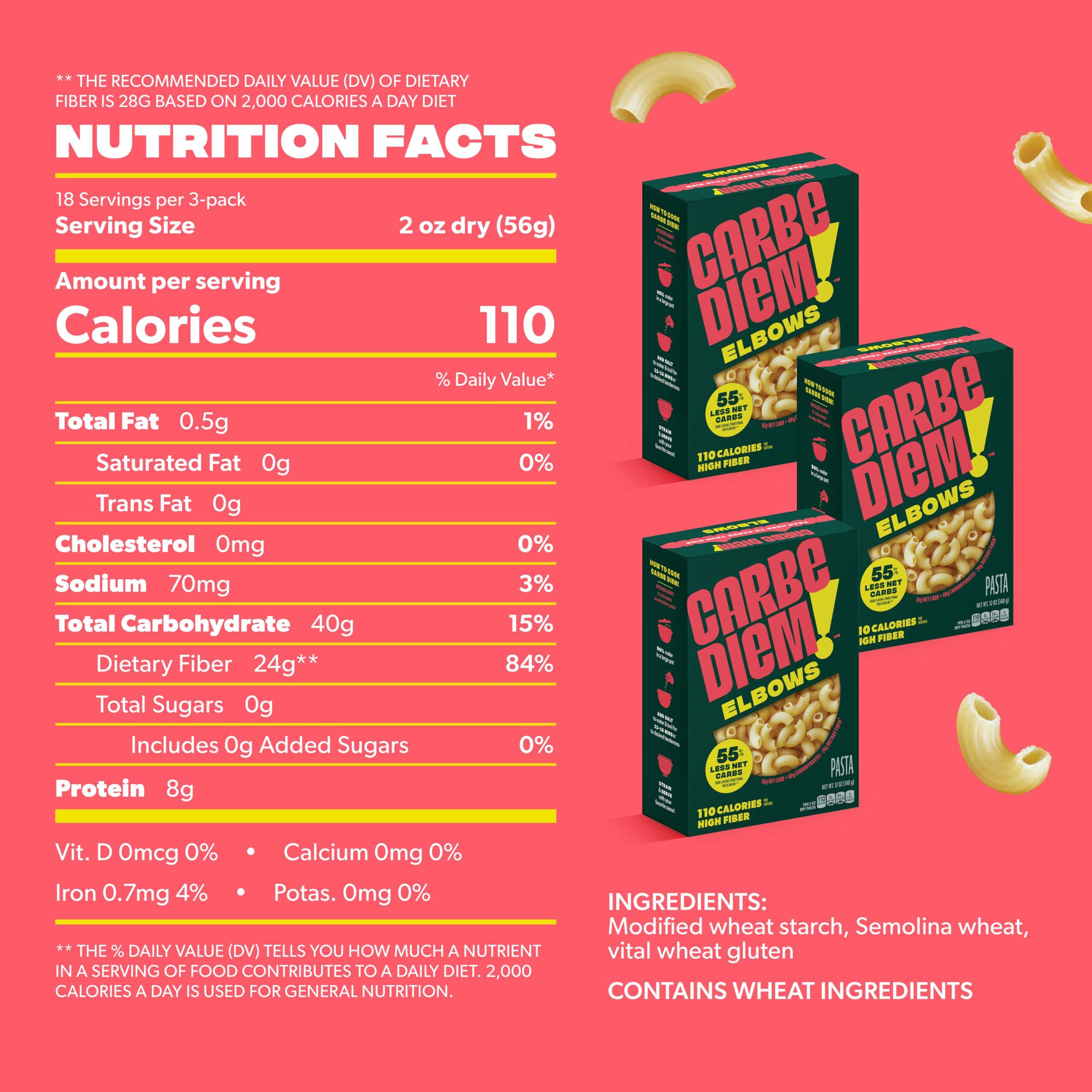 CARBE DIEM Carbe Diem!, Elbows, Lower Net Carb Pasta with Traditional Flavor & Texture, 55% Fewer Net Carbs & Only 110 Calories Per Serving, Pack of 3