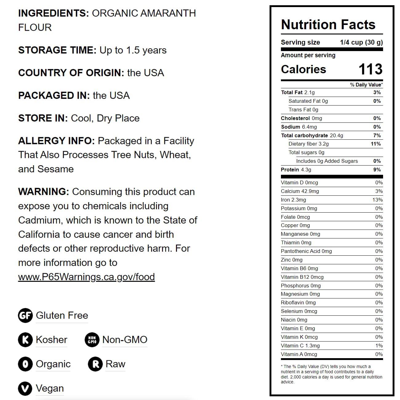 Food to Live Food to Live Gluten Free Organic Amaranth Flour, 4 Pounds Non-GMO Whole Grain Flour, Vegan Fine Meal, Bulk Powder. High in Fiber, Protein. Great for Cooking, Baking, and as Thickener