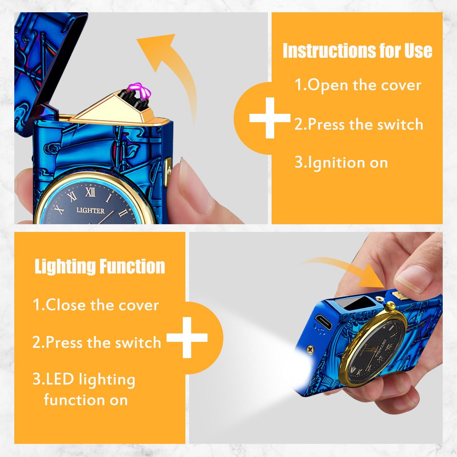 comanyi COMANYI Electric Lighter with Plasma Arc, Windproof USB Rechargeable Lighter with Cool Design, Clock Dial, Flashlight, Power Display for Outdoor Daily Use, Gift for Men Women (Sailboat, Blue)