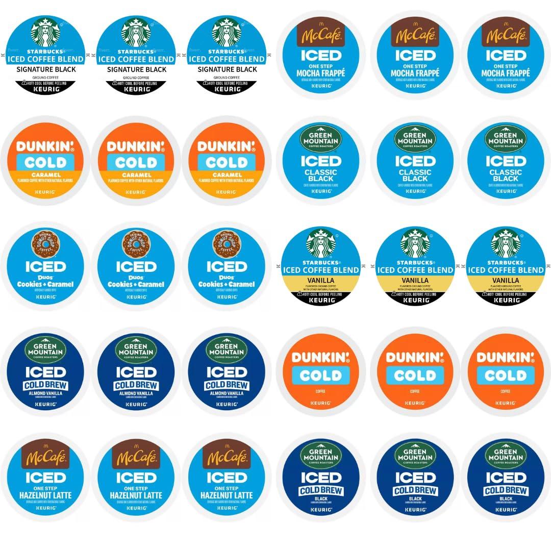 KUPIX 30 Count--Iced Coffee K-Cup Pods Variety Sampler Pack, Includes Starbucks Regular & Vanilla, Green Mountain Cold Brew & Iced, McCafe Mocha Frappe & Hazelnut Latte, Dunkin Donuts Cold & Caramel, Donut Shop Iced Duos for Keurig Brewers