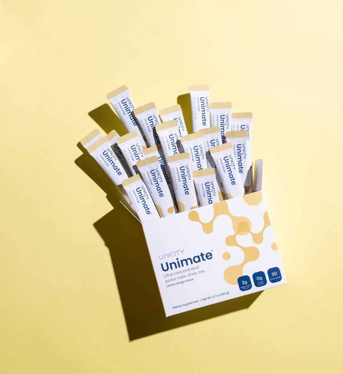 Unicity UNICITY UNIMATE LEMON GINGER STICK PACKS - Great Tasting - Ultra Concentrated Yerba Mate Drink Mix (30 Packets). Dietary Supplement. Healthy Alternative to Coffee and Energy Drinks (30-Day Supply)