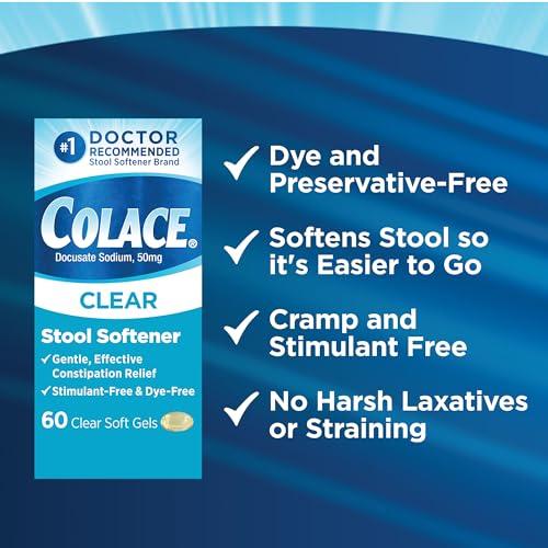 Colace Colace Clear Stool Softener Soft Gel Capsules Constipation Relief 50mg Docusate Sodium Doctor Recommended 60ct