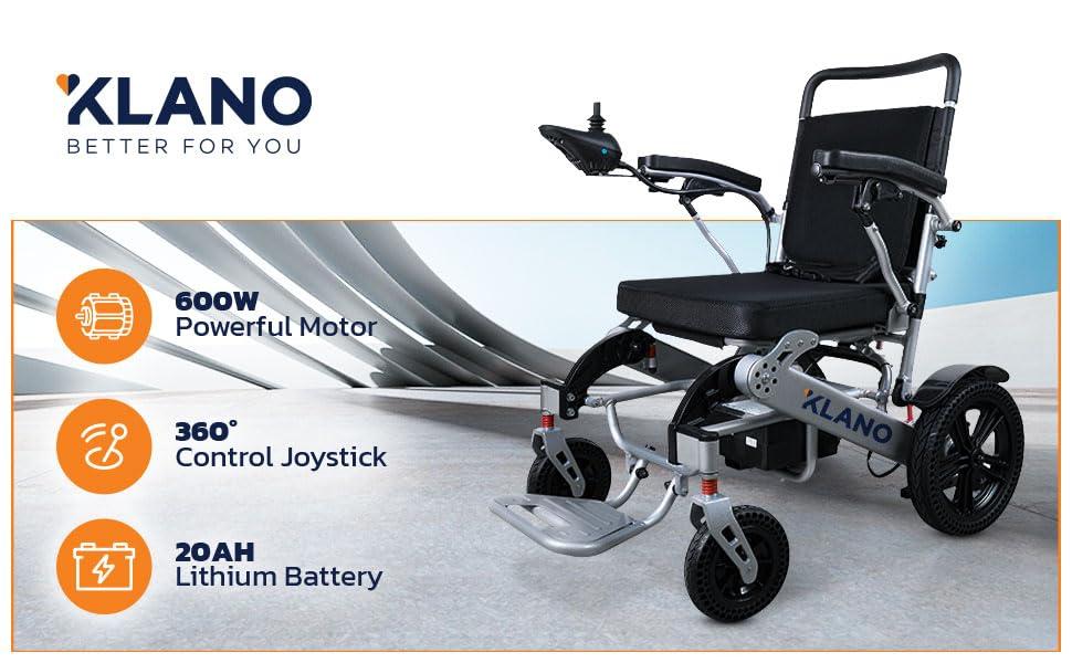 K KLANO KL80 Klano Electric Wheelchair 30 Miles Long Range, 600W Motor, Lightweight, Foldable, All-Terrain, Puncture-Free Wheels, Portable, Compact, Airline Approved, Power Wheelchair for Adults & Seniors
