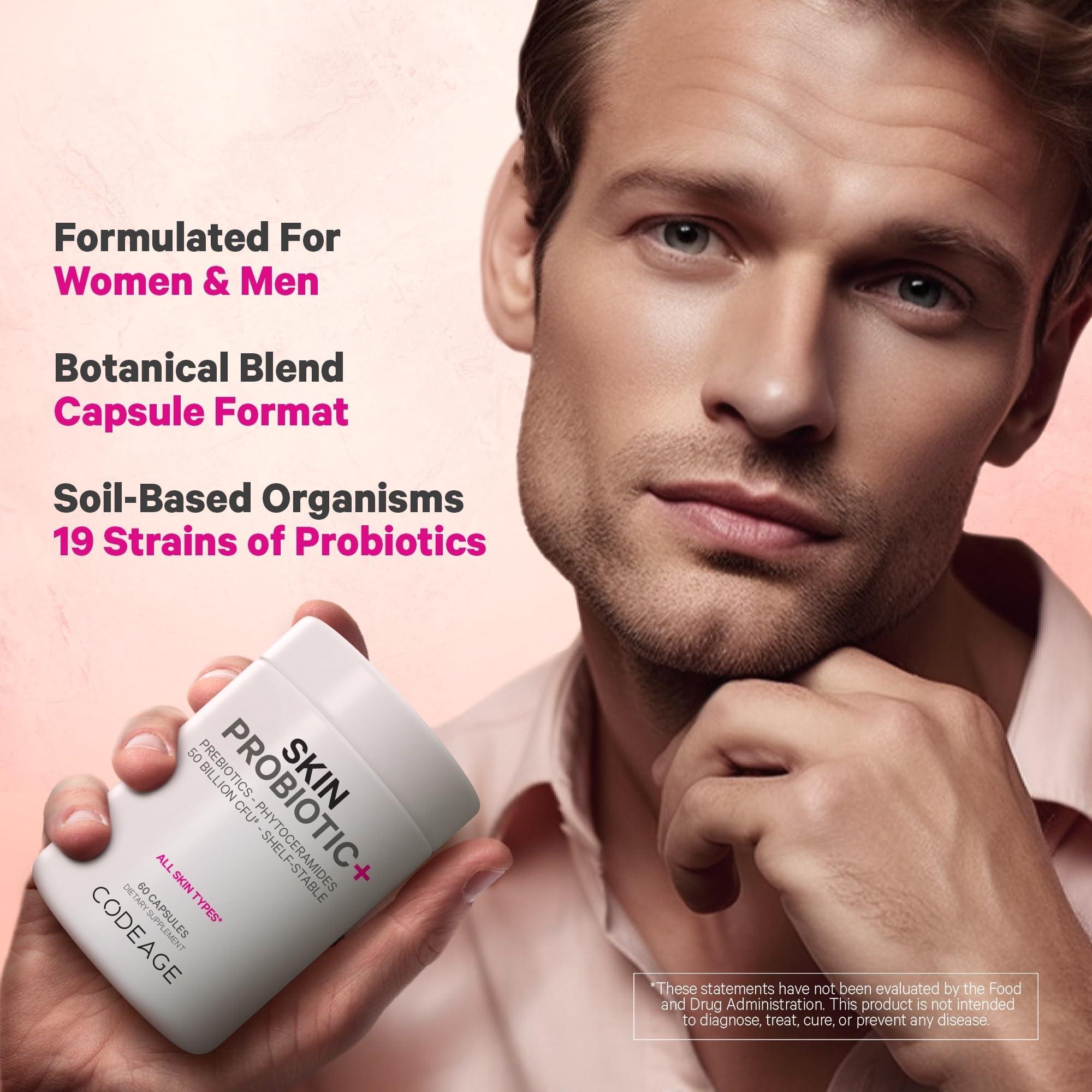 Codeage Codeage Skin Probiotics + Prebiotics - Skin Care Routine Supplement - 50 Billion CFU - Ayurvedic Botanical Herbs - Face Probiotics - Shelf Stable Cleanser, Non-GMO, Vegan - 60 Capsules