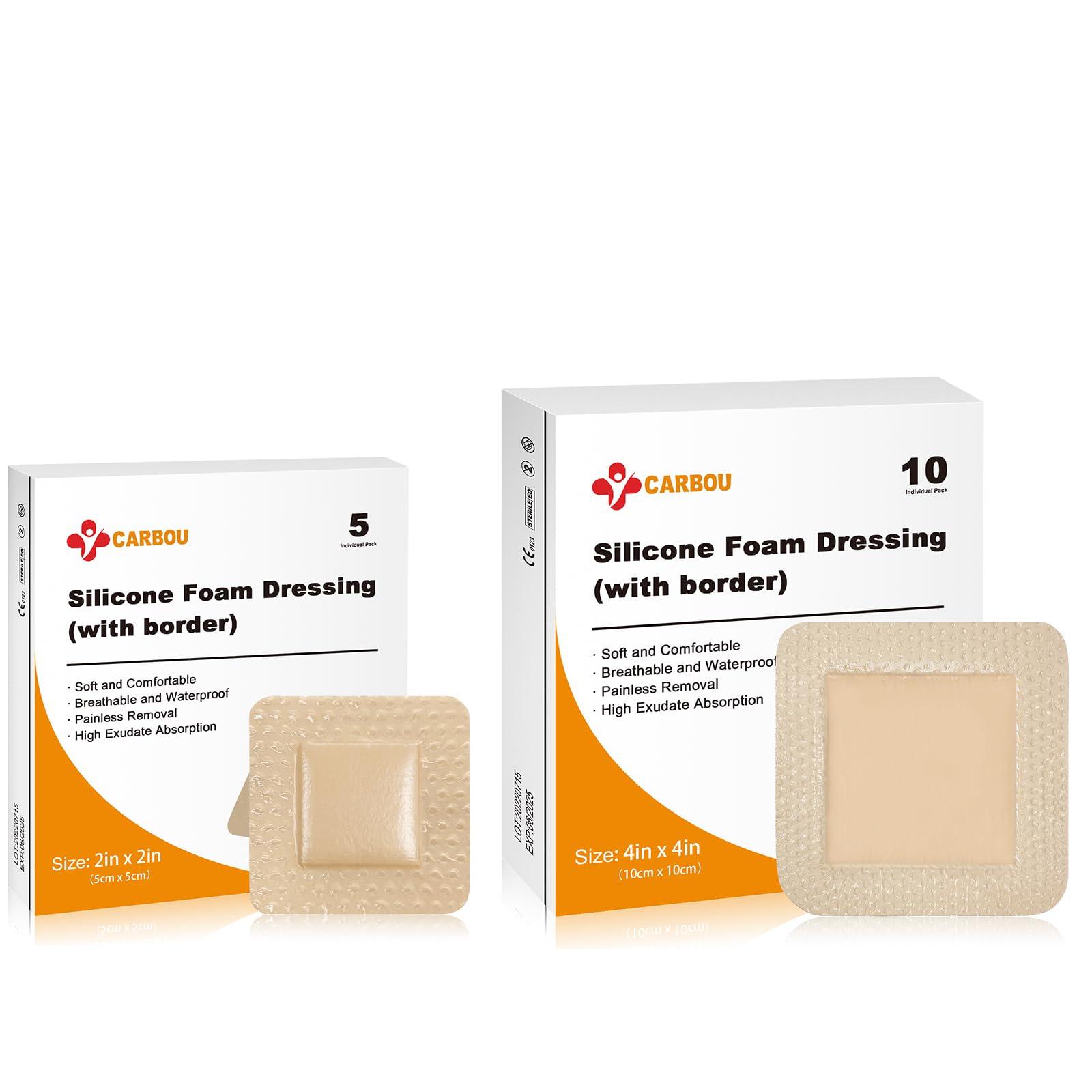 CARBOU Carbou Silicone Foam Dressing with Adhesive Gentle Border,10 Pcs 4\"x4\" and 5 Pcs 2\"x 2\"Adhesive Waterproof and High Absorbency Square Wound Care Dressing Bandage for Pressure Sore, Leg Ulcer, Diabet