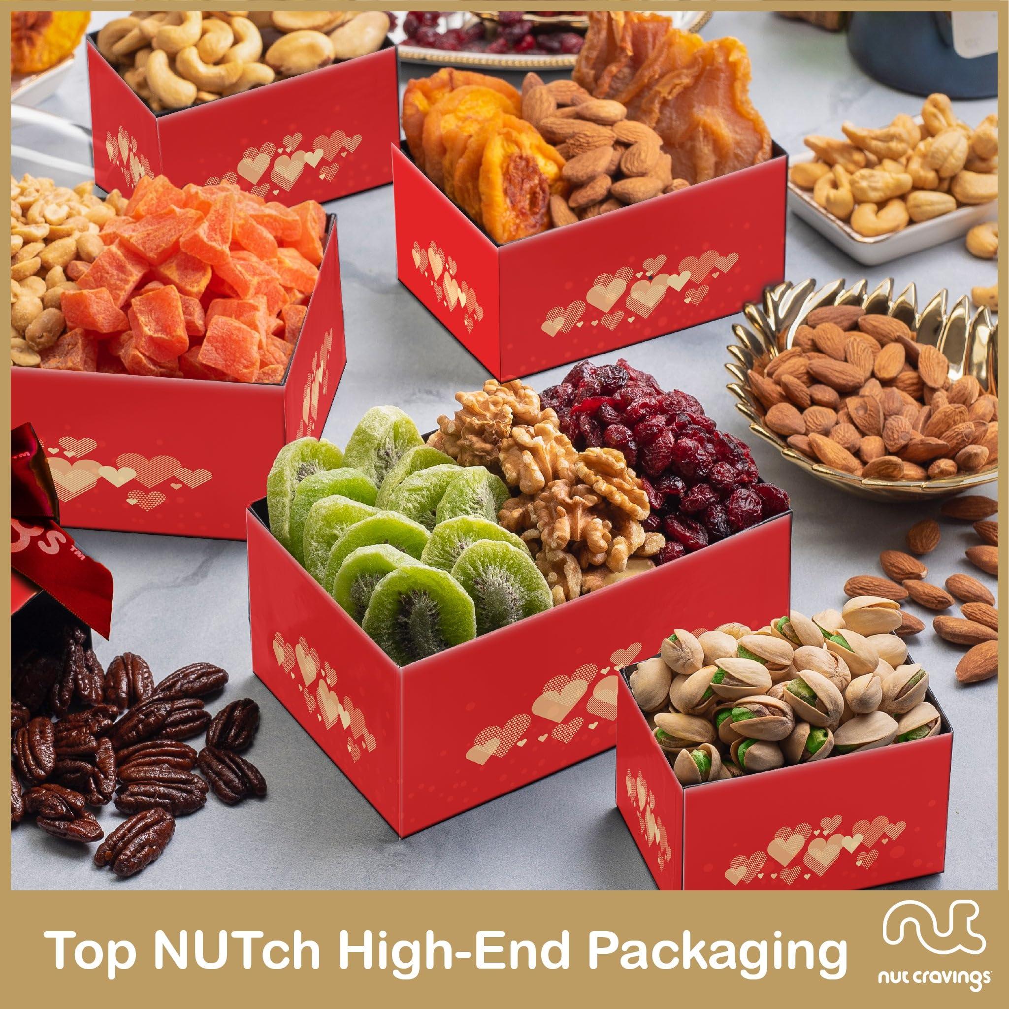 Nut Cravings NUT CRAVINGS Gourmet Collection - Valentines Day Dried Fruit & Mixed Nuts Gift Basket Red Tower + Heart Ribbon (12 Assortments) Galentines Arrangement Platter, Healthy Kosher USA Made Corporate