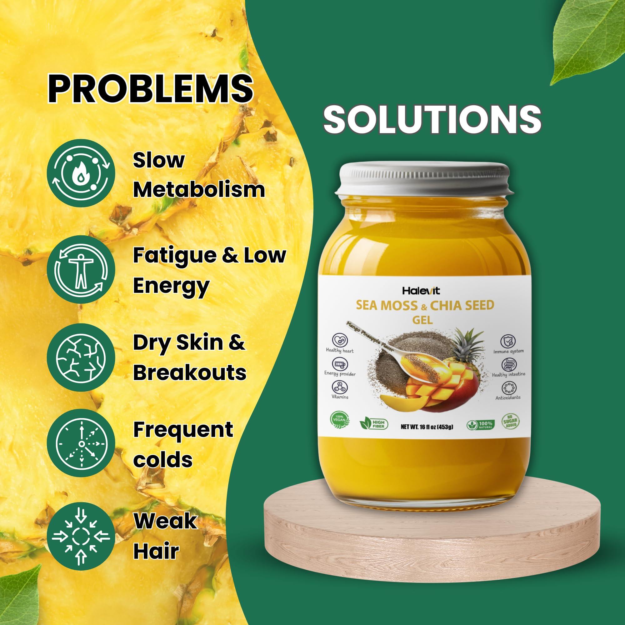 Halevit Sea Moss Gel with Ground Chia Seeds, Sea Moss Gel Organic Raw Natural Iodine Source, Omega-3, Immune & Digestive Support, Vegan Superfood, Mango Pineapple Flavor, Made in USA, 16 oz