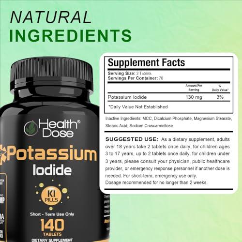 Health Dose Health Dose Potassium + Iodide (KI) Tablets 130mg 140 Tablets for Thyroid Support, Cellular Metabolism & Electrolyte Balance Non-GMO, Gluten-Free, GMP Certified, Pack of 2