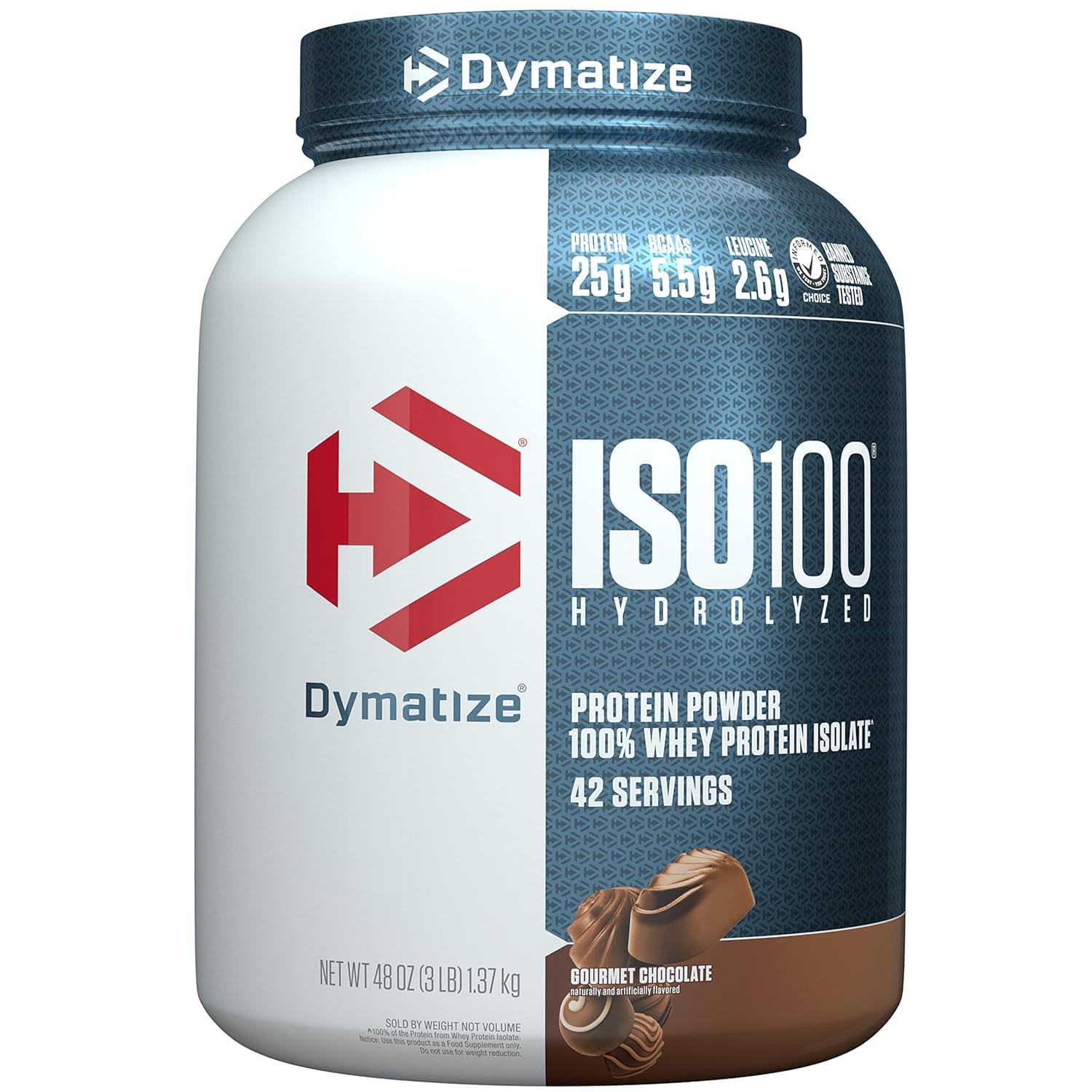 Dymatize Dymatize ISO100 Hydrolyzed Protein Powder, 100% Whey Isolate Protein, 25g of Protein, 5.5g BCAAs, Gluten Free, Fast Absorbing, Easy Digesting, Gourmet Chocolate, 3 Pound