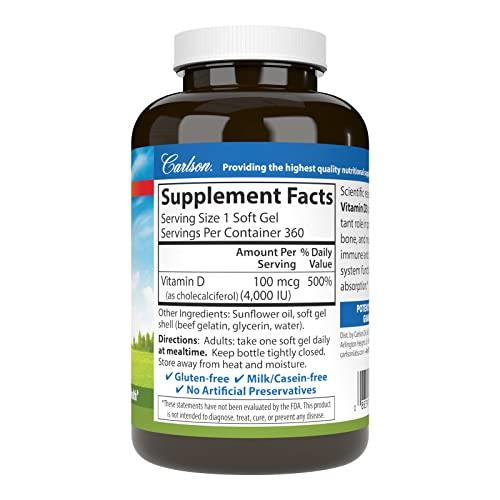 Carlson Carlson - Vitamin D3 4000 IU (100 mcg), Immune Support, Bone Health, Muscle Health, Cholecalciferol, Vitamin D Supplements, Vitamin D3 Soft Gels, 360 Softgels