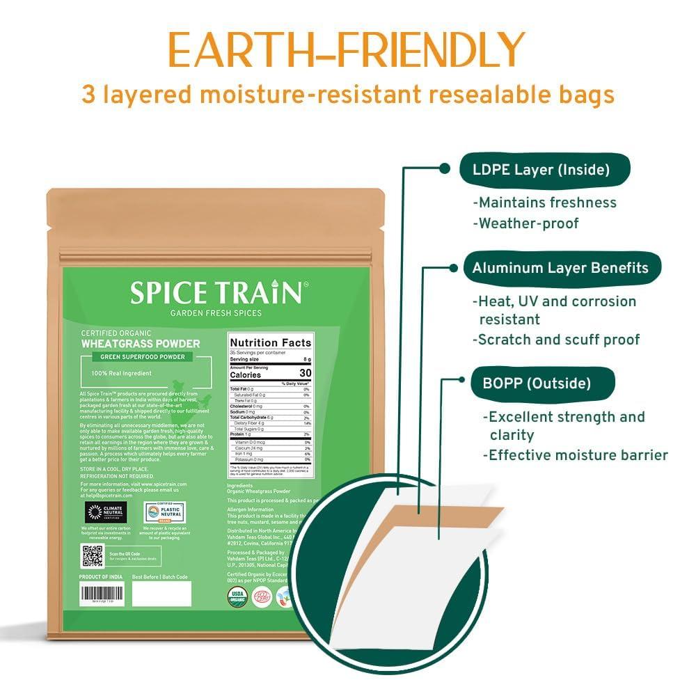 SPICE TRAIN USDA Organic Wheatgrass Powder (10oz) Rich Green Powder - Lab Tested | 100% Whole Leaf | Gluten Free, Non-GMO | No Sugar, No Artificial Ingredients | Resealable Ziplock Pouch