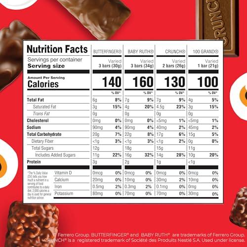 Butterfinger Butterfinger, CRUNCH, Baby Ruth and 100 Grand, Bulk 60 Pack, Assorted Fun Size Chocolate Candy Bars, Stocking Stuffers, 37.2 oz