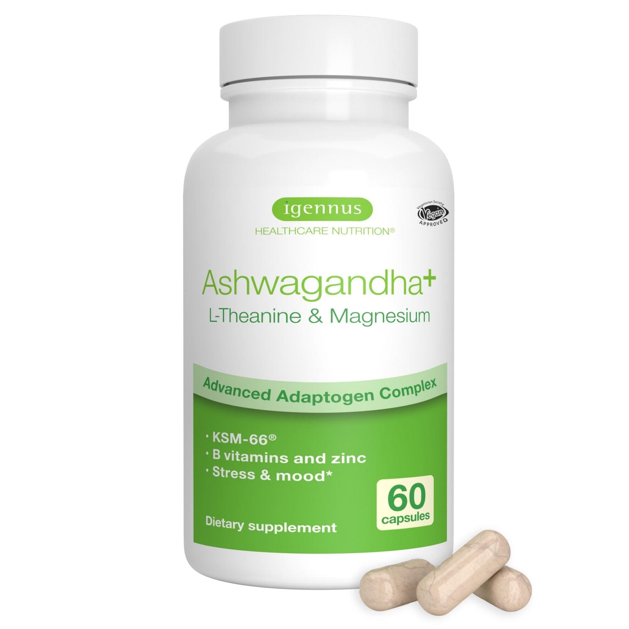 Igennus Healthcare Nutrition Igennus Advanced Ashwagandha KSM-66, L-Theanine & Magnesium, Clean Label, Multi Action Adaptogen Complex for Stress Support with Zinc & B Vitamins, 60 Vegan Capsules