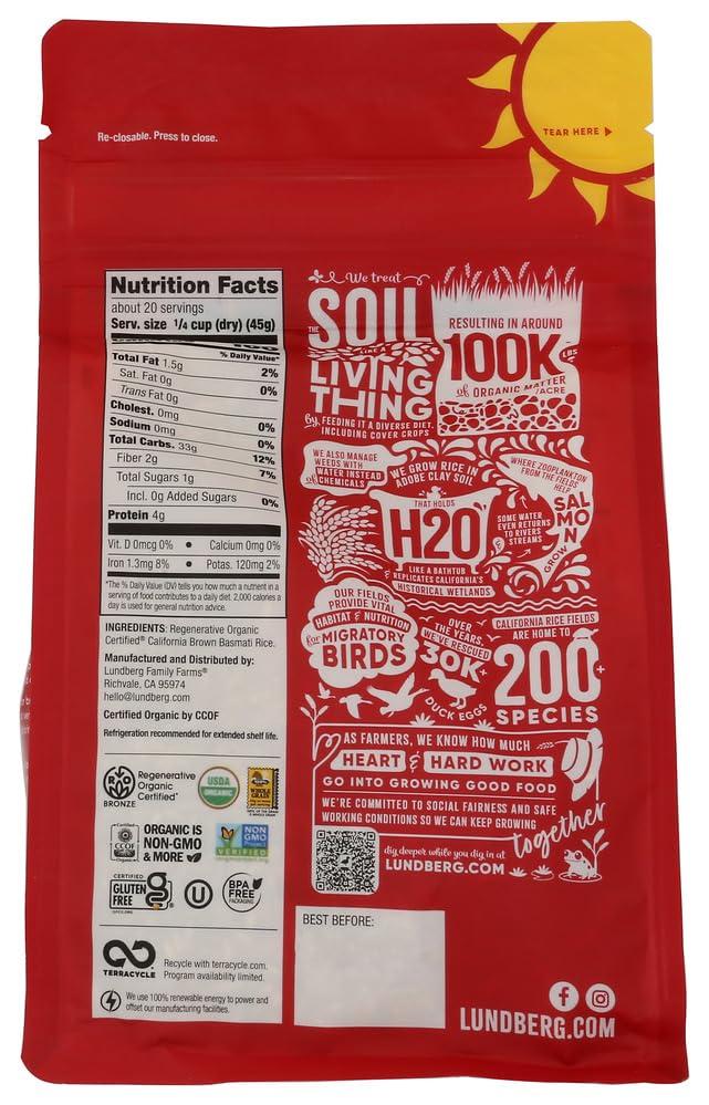 Lundberg Lundberg Basmati Rice, Organic Long Grain Brown Rice - Non-Sticky, Fluffy Aromatic Rice Grown in California, Pantry Staples, 32 Oz