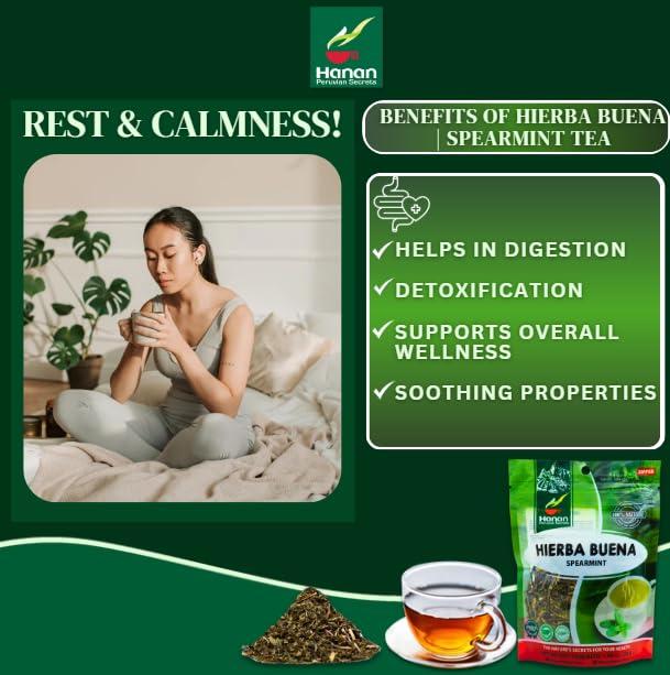 Hanan Hanan Spearmint Tea Loose Leaf (Hierba Buena) 1.1 oz (30 g) - Dried Peppermint Leaves (Mentha Spicata) Plant Leaves from Peru