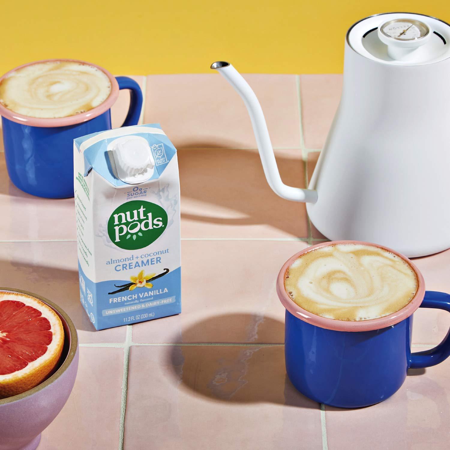 nutpods nutpods Non Dairy Coffee Creamer Bundle: a 4 pack of French Vanilla creamer and a 3 pack of Cinnamon Swirl creamer.