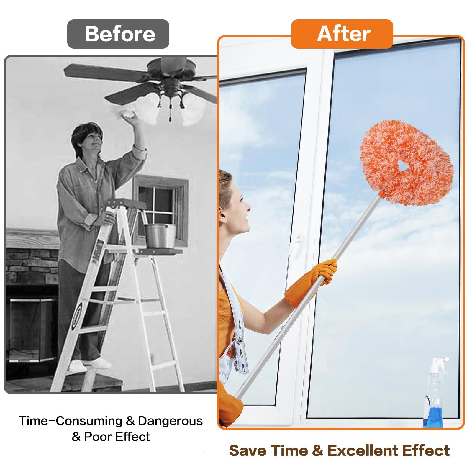 Heonay Ceiling Fan Cleaner Duster Reusable Microfiber Ceiling Fan Blade Cleaner Removable Duster with Extension Pole Adjusts 13 to 49.7 Inch for Cleaning Walls Furniture Door Window Top (Orange White)