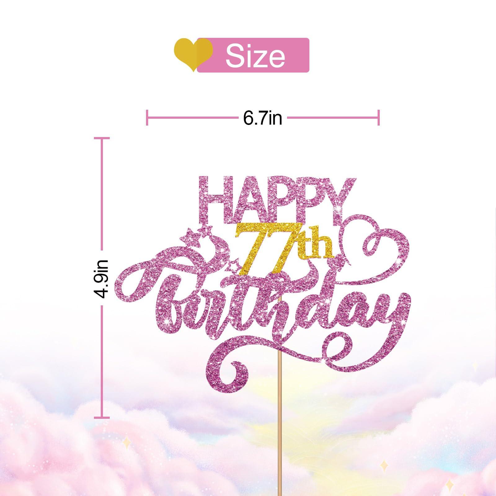MINUET MINUTE Pink Glitter Happy 77th Birthday Cake Topper, Seventy Seven Years Old Birthday Party Cake Decor, Gold Number 77 Birthday Party Supplies Decorations for Man or Woman