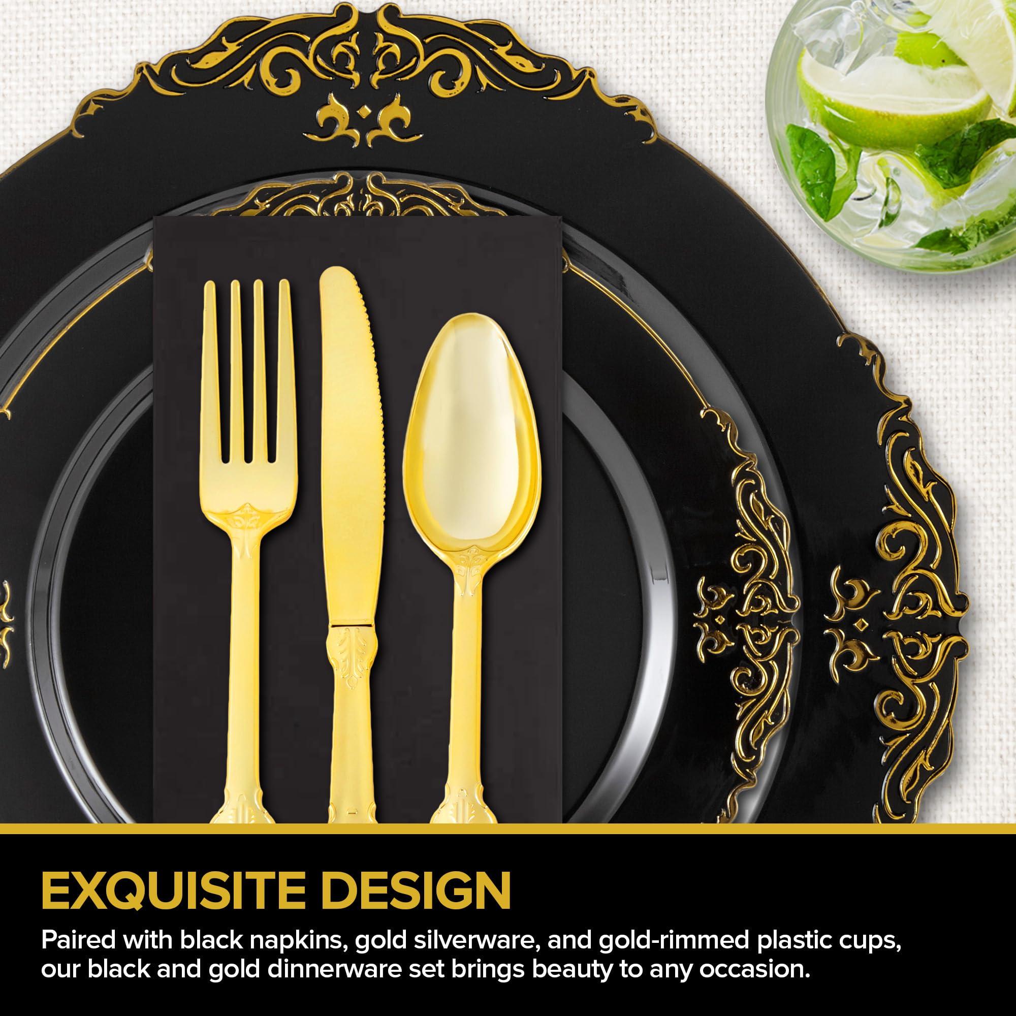 Stock Your Home Stock Your Home Black and Gold Plates Set with Pre-Rolled Cutlery with Napkins & Gold Cups, Dinnerware for 50 Guests (350pcs), Disposable Party Sets for Wedding, Bridal Shower, Graduation Parties
