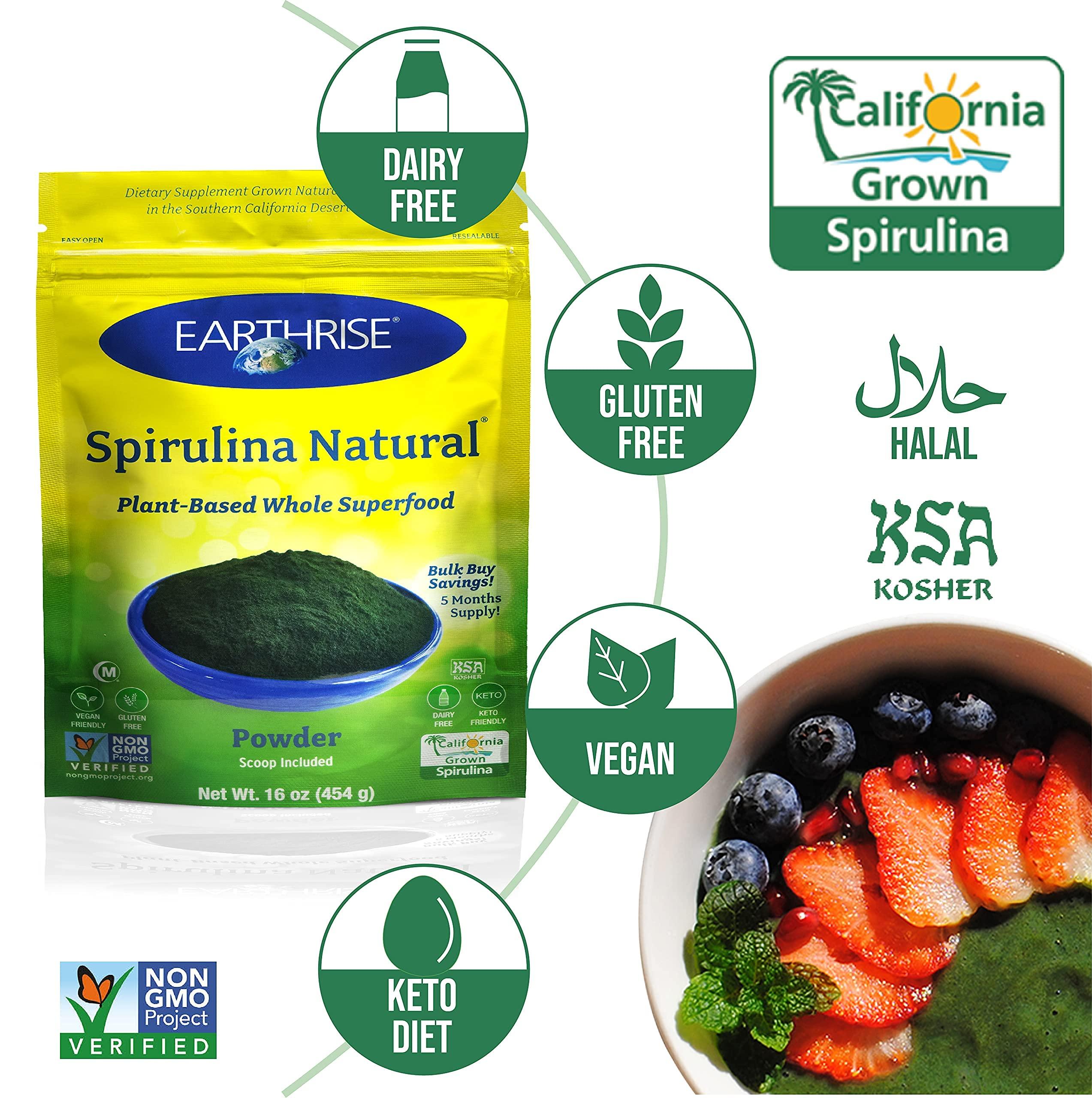 Earthrise Earthrise Spirulina Natural Powder 16oz, Natural Premium Spirulina from California- Vegan, Gluten Free, Keto Friendly, Non -GMO Super Food high in Vitamins & Minerals. (1 LB)