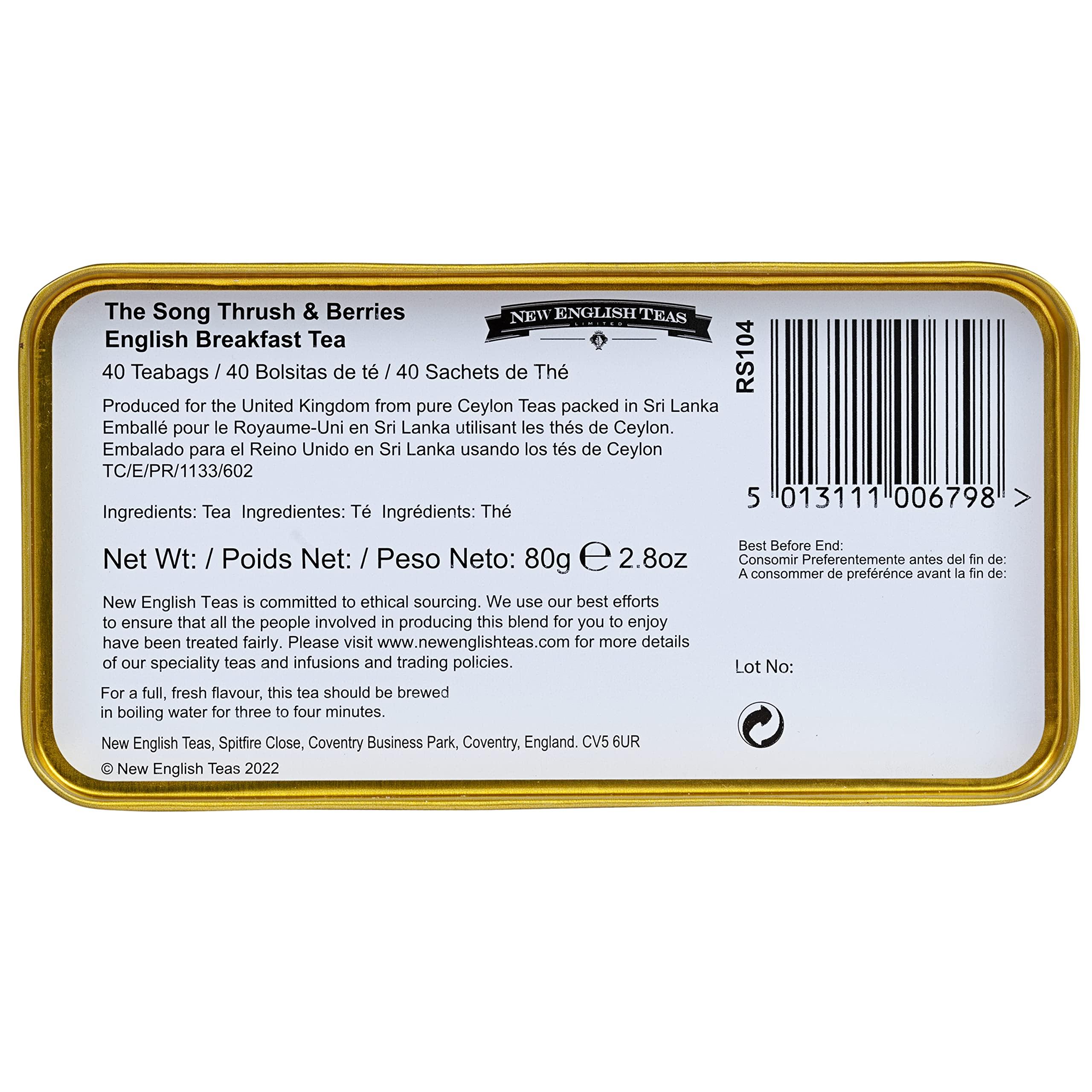 New English Teas New English Teas Song Thrush and Berries Tea Tin in Pink with 40 English Breakfast Teabags