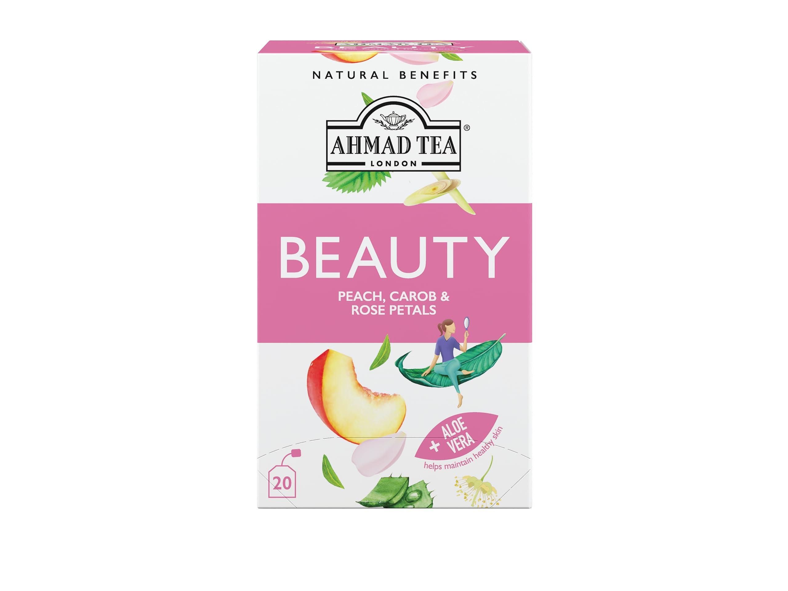 Ahmad Tea Ahmad Tea Herbal Tea, Peach, Carob, and Rose Petals 'Beauty' Natural Benefits Teabags, 20 ct (Pack of 6) - Decaffeinated & Sugar-Free