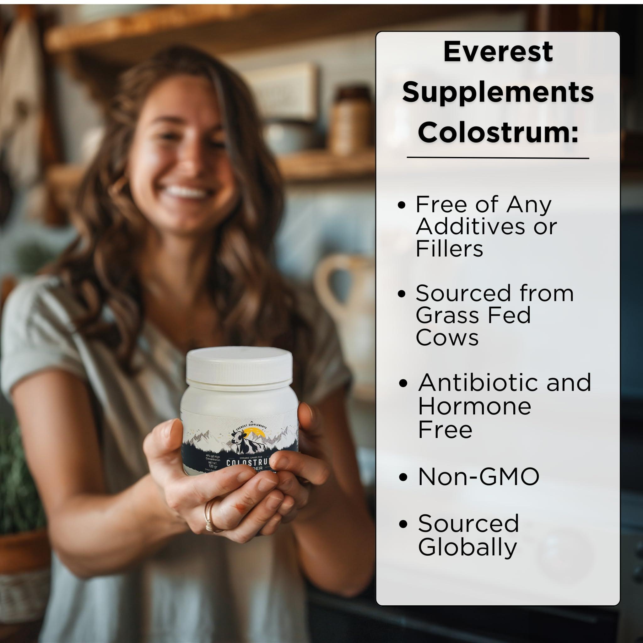 Everest Supplements Organic Colostrum Powder for Gut Health - 40% IgG, 100% Pure Grass Fed Powder for Hair Growth, Beauty, and Immune, Easy to Mix, High Concentration, Unflavored (60 Servings)