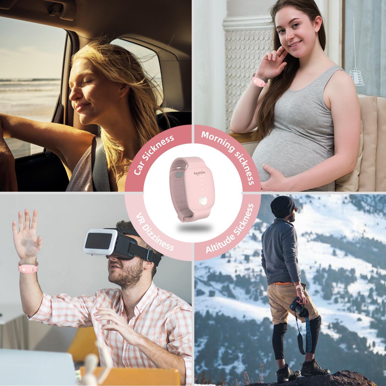 EmeTerm EmeTerm Fashion Pink Anti-Nausea Wristband Relieve Morning Motion Travel Sickness Rechargeable Drug Free Bands Without Side Effects - Extra 2pack Conductive Gel