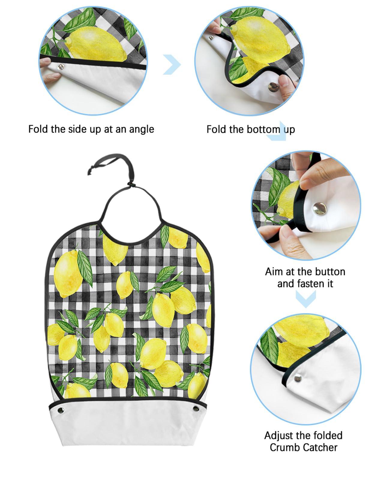 Sabolny Black White Buffalo Plaid Check Adult Bib for Eating with Crumb Catcher,Washable & Waterproof Terry Cloth Adjustable Elderly Women Men Adult Bibs Funny Clothing Protector Summer Lemon Yellow Green