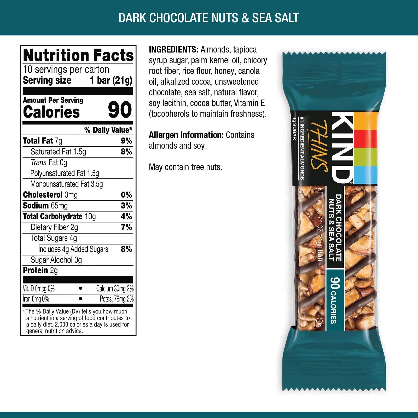 KIND KIND THINS Dark Chocolate Nuts & Sea Salt Bars (Now with Peanuts), Gluten Free, 4g Sugar, 0.74 oz bars, 10 count