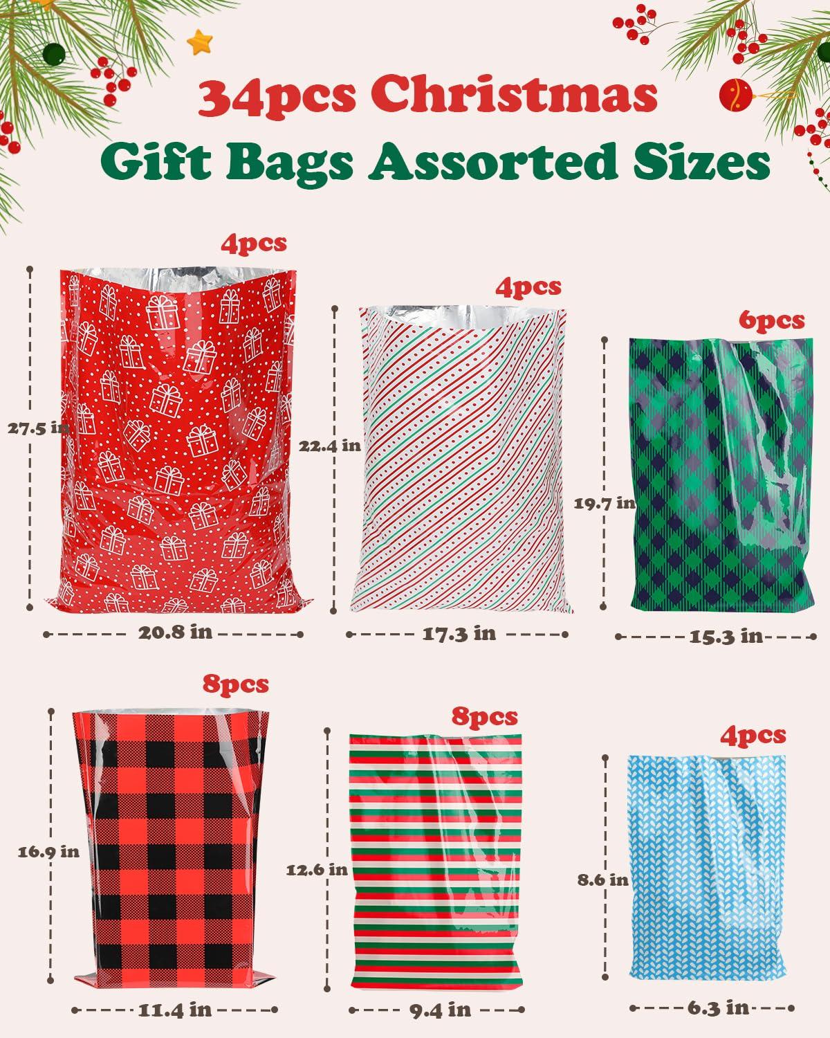 YALTOON Christmas Gift Bags Assorted Sizes, 34PCS Christmas Bags For Gifts, Small/Medium/Large/Extra Large Christmas Gift Bags with Ribbon Ties, Holiday Xmas Santa Plastic Reusable Wrapping Gift Bag Bulk