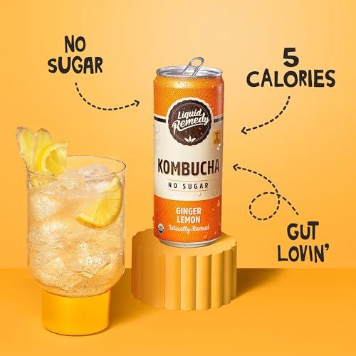 REMEDY Kombucha Liquid Remedy Kombucha Sugar Free Organic Drink, Low Calorie, Probiotic Like Tea for Gut Health - Ginger Lemon - 8.5 Fl Oz Can, 12-Pack