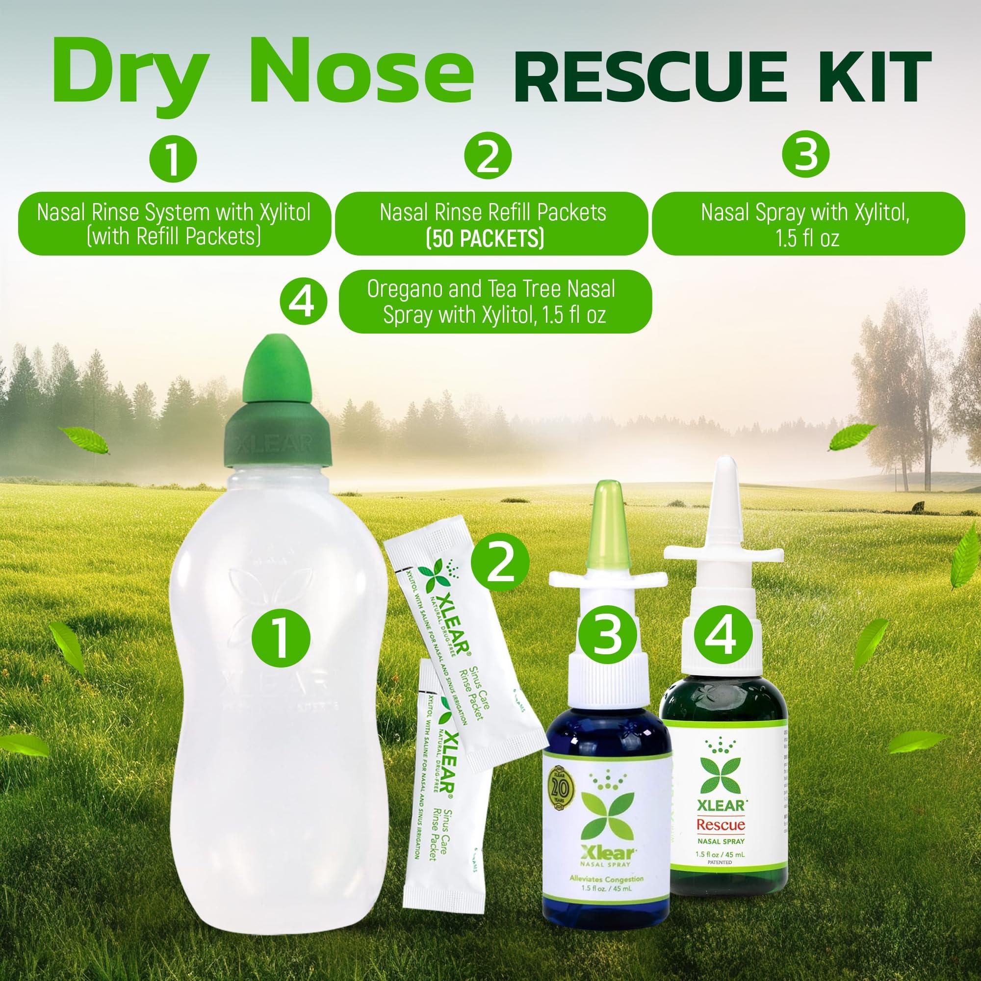 Xlear Xlear Dry Nose Relief Kit, All Day Dry Nose Rescue Kit Including Xlear Nasal Spray with Xylitol, Xlear Rescue Nasal Spray, Xlear Nasal Rinse Neti Pot and 50 Refill Packets