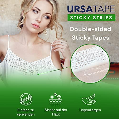 URSA Straps URSA Tape Sticky Strips No-Residue Clear Hollywood Fashion Tape for Women Double Sided | for Costumes, Dresses, Shoes & More | Body Tape for Delicate Skin, Double Sided Fabric Tape for Clothes 60 Pack
