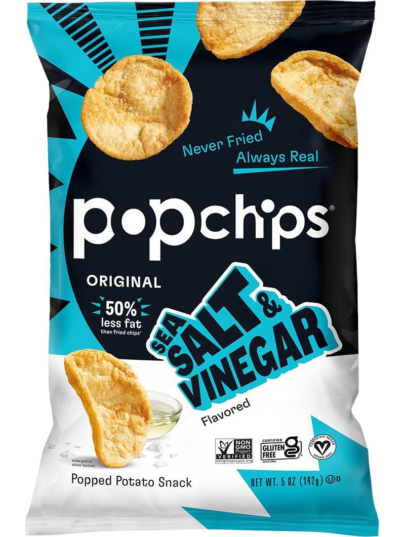 popchips Popchips Potato Chips, Sea Salt & Vinegar, 4ct 5.0oz Share Bags, Low-Calorie, Gluten Free, Salty Snacks for Adults and Children, Non-GMO, Vegan & Kosher Friendly, 130 Calories Per Serving