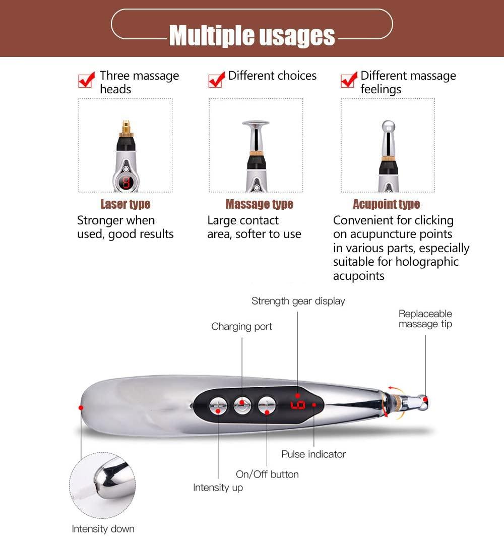 Winnes Acupuncture Pen for Pain Relief, Acupressure Pen Massage Pen Electric Meridian Pen Electronic Acupuncture Pen USB Rechargeable Pain Relief Massage Tool with 3 Massage Heads & 2 Massage Gel