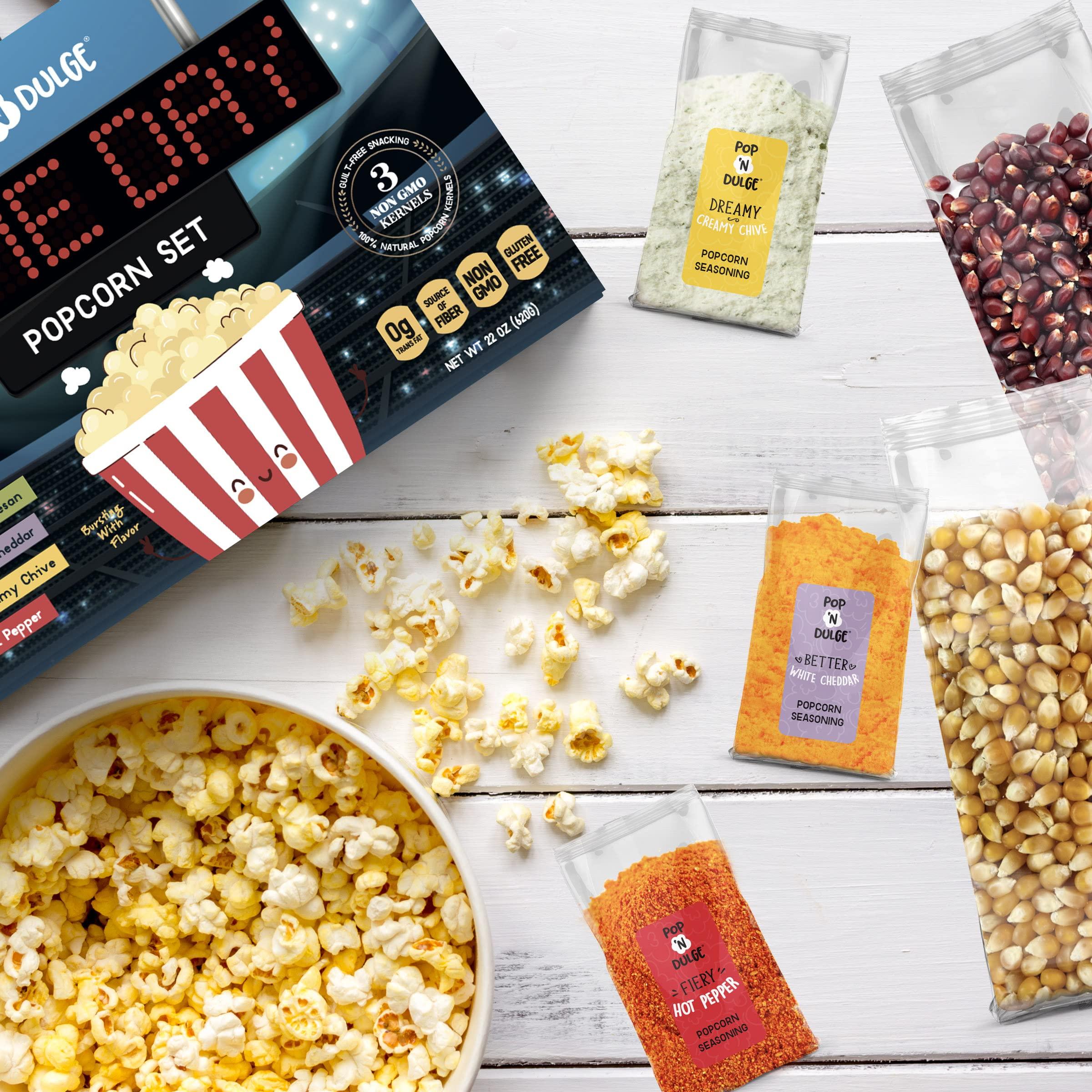 Pop n' Dulge Game Day Movie Night Popcorn Gift Set Gifts For Men Family Gifts Party Supplies, 5 Non-GMO Gourmet Popcorn Kernels and 5 Popcorn Seasoning Flavoring - 10 Pack