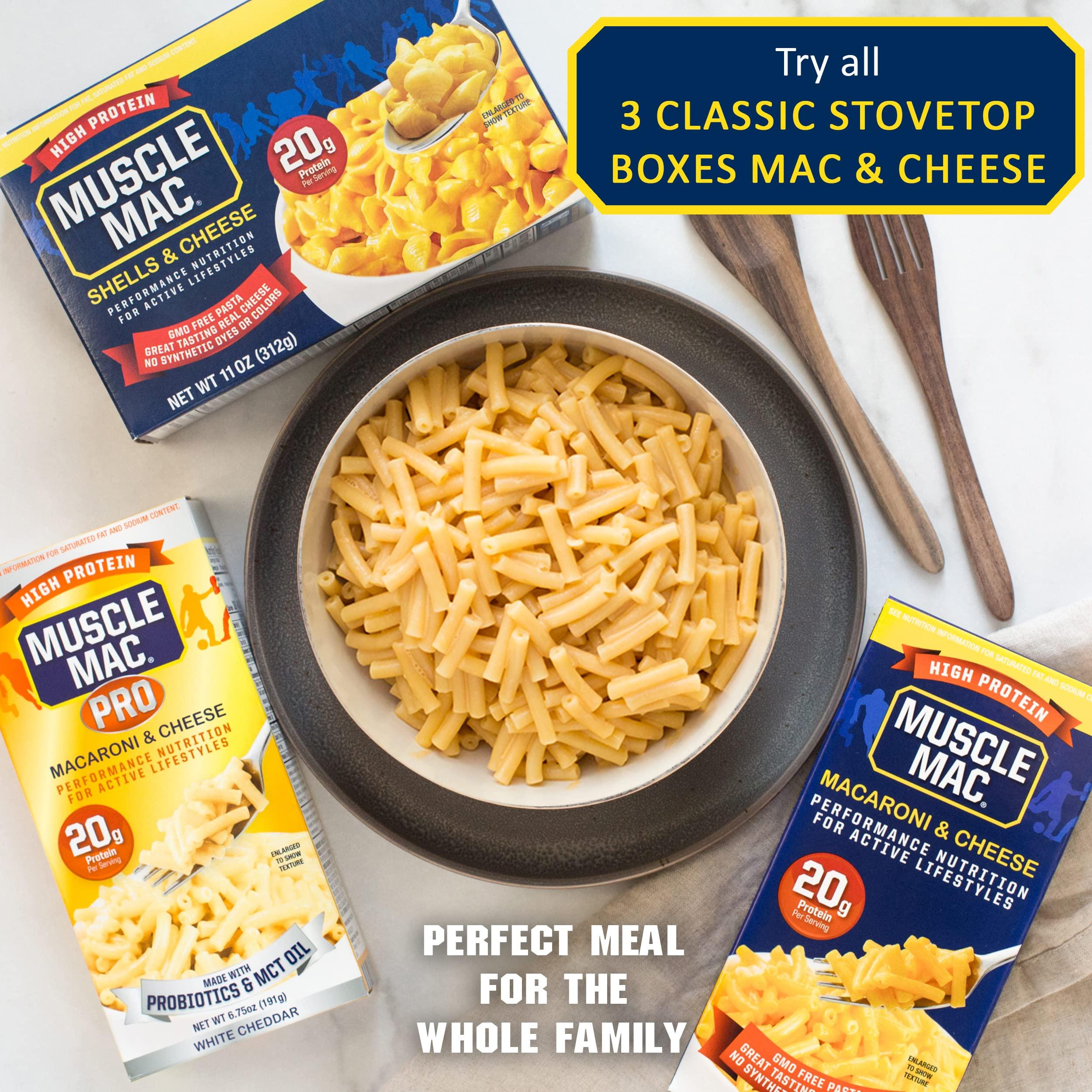 MUSCLE MAC Muscle Mac High Protein Macaroni & Cheese 6.75 oz. 10 Pack + Macaroni & Cheese GrassFed Cows Butter3.6 oz. 12 Pack