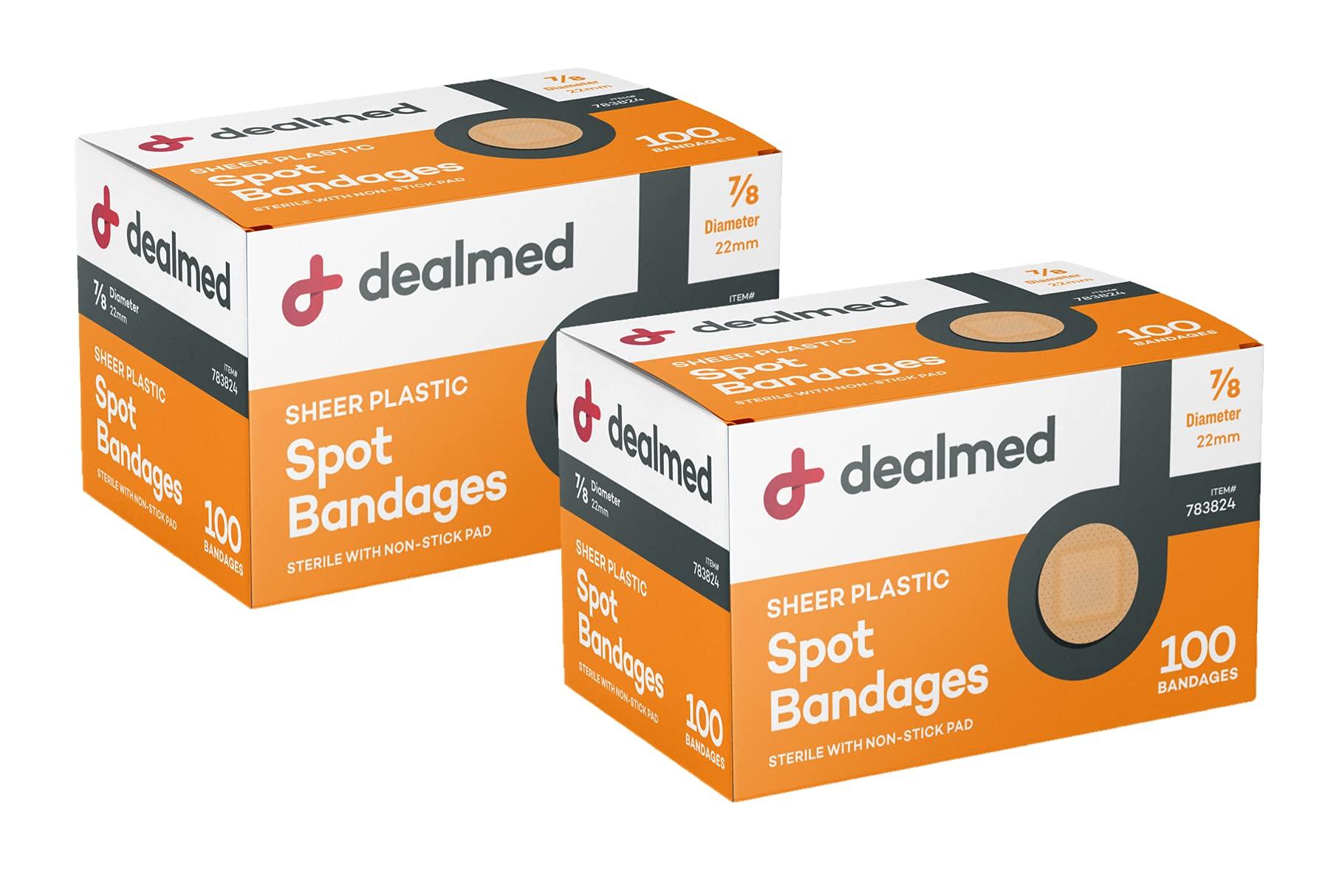 Dealmed Dealmed Sheer Plastic Spot Bandages  7/8 Small Round Sterile Strips, Adhesive Outer with Non-Stick Pad, Latex Free, Wound Care for First Aid Kit, 100 per Box (2 Pack)