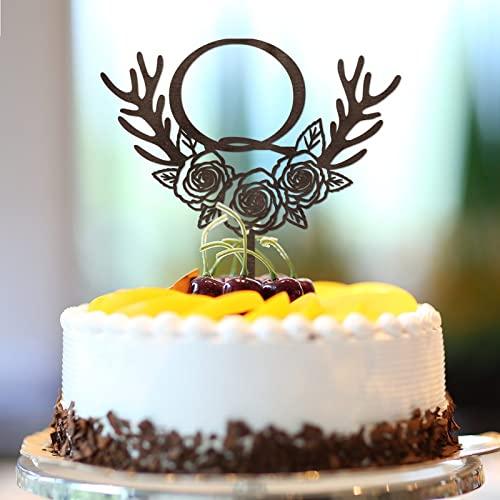 Vinisong Initials Q Cake Toppers, Vinisong Letter Cake Topper Brown Wood Wreath Cake Decorations Monogram Cake Topper Rustic Wedding Cake Decor(Q,Design 11)