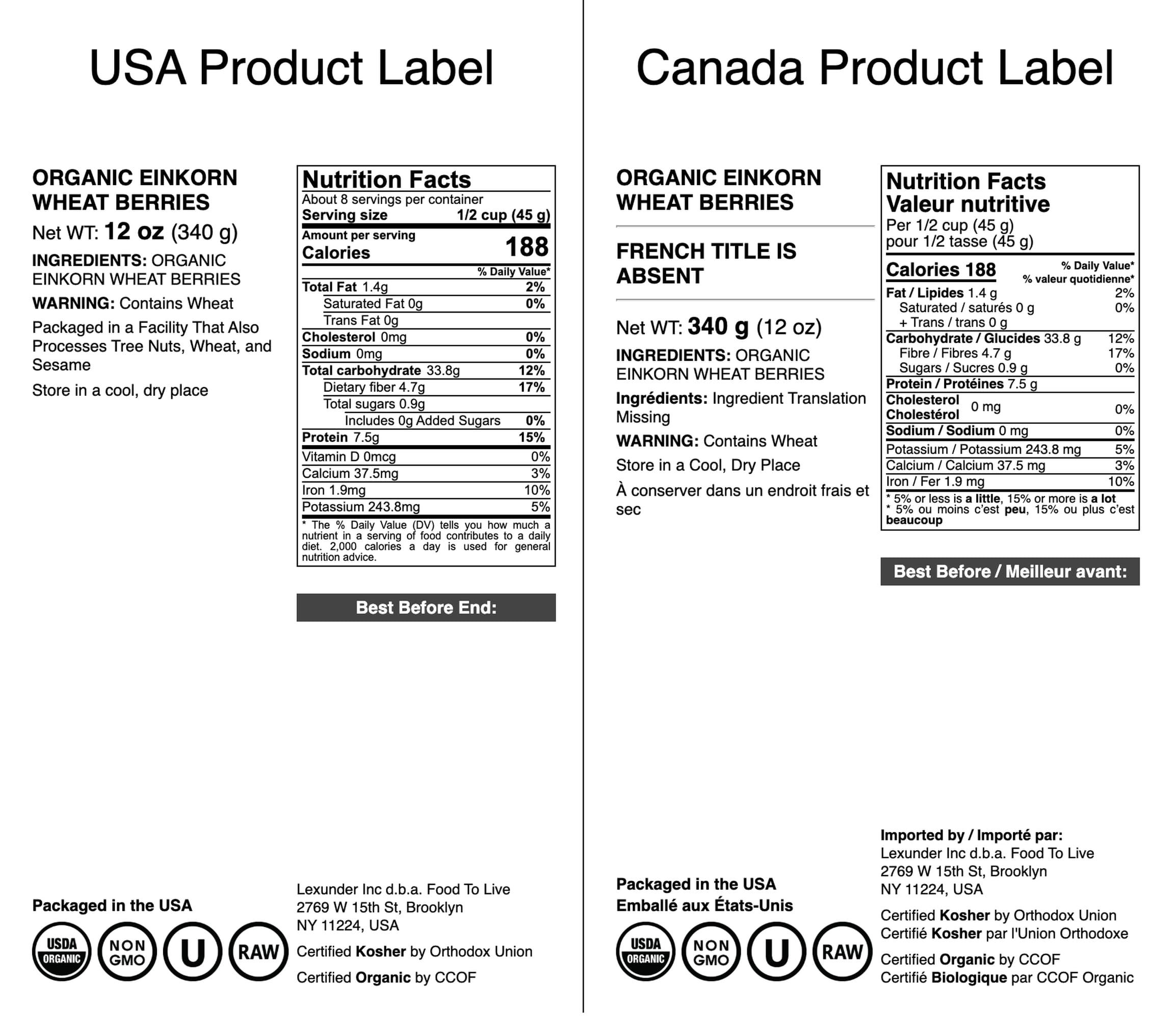 Food to Live Food to Live - Organic Einkorn Wheat Berries, 12 Ounces Non-GMO, Good Source of Protein, Fiber, and Vitamins. Low-glycemic Index. Kosher