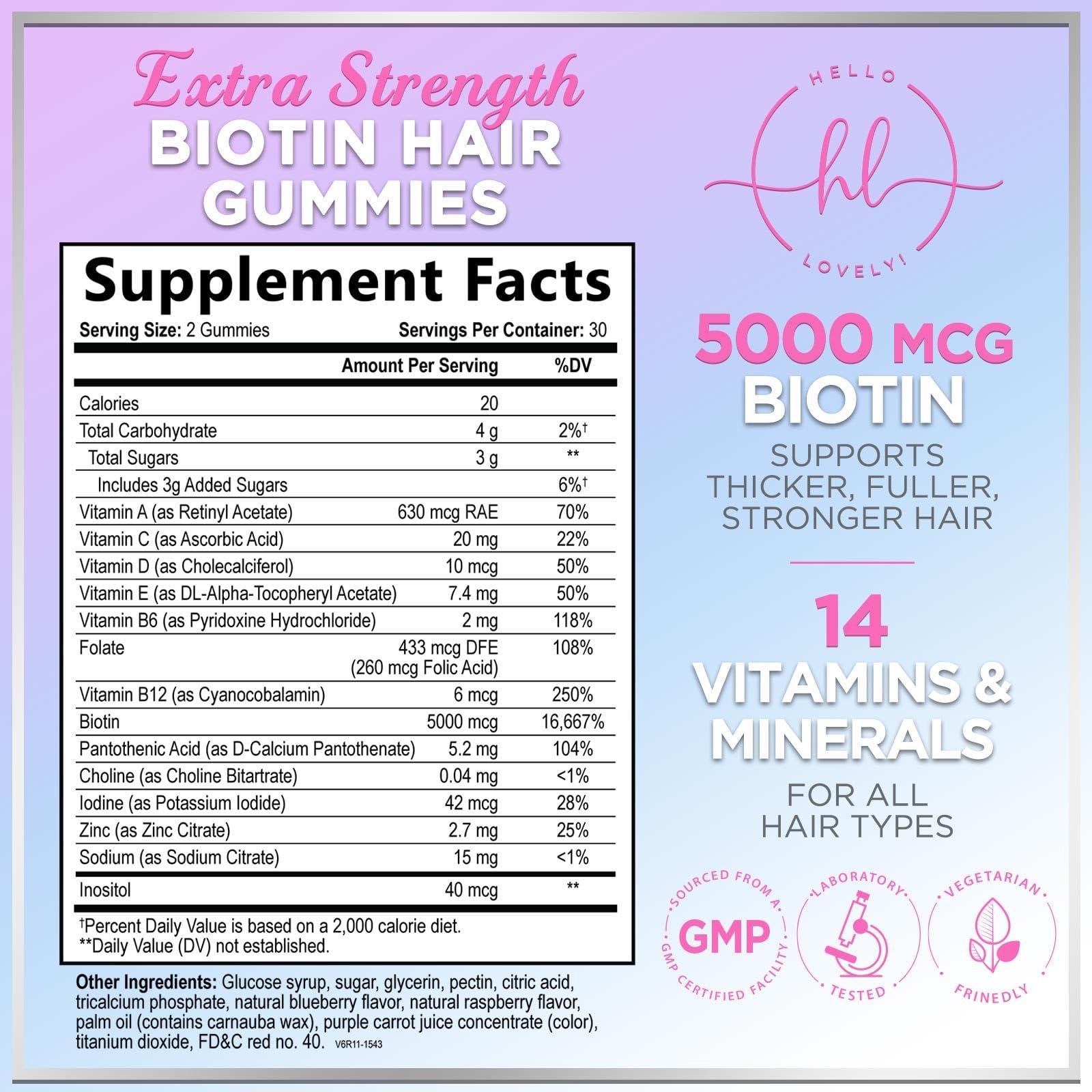 Hello Lovely! Hello Lovely! Hair Vitamins Gummy with Biotin 5000 mcg Vitamin E & C Support Hair Growth, Premium Vegetarian Non-GMO, for Stronger Beautiful Hair, Skin & Nails Supplement - 60 Bear Gummies