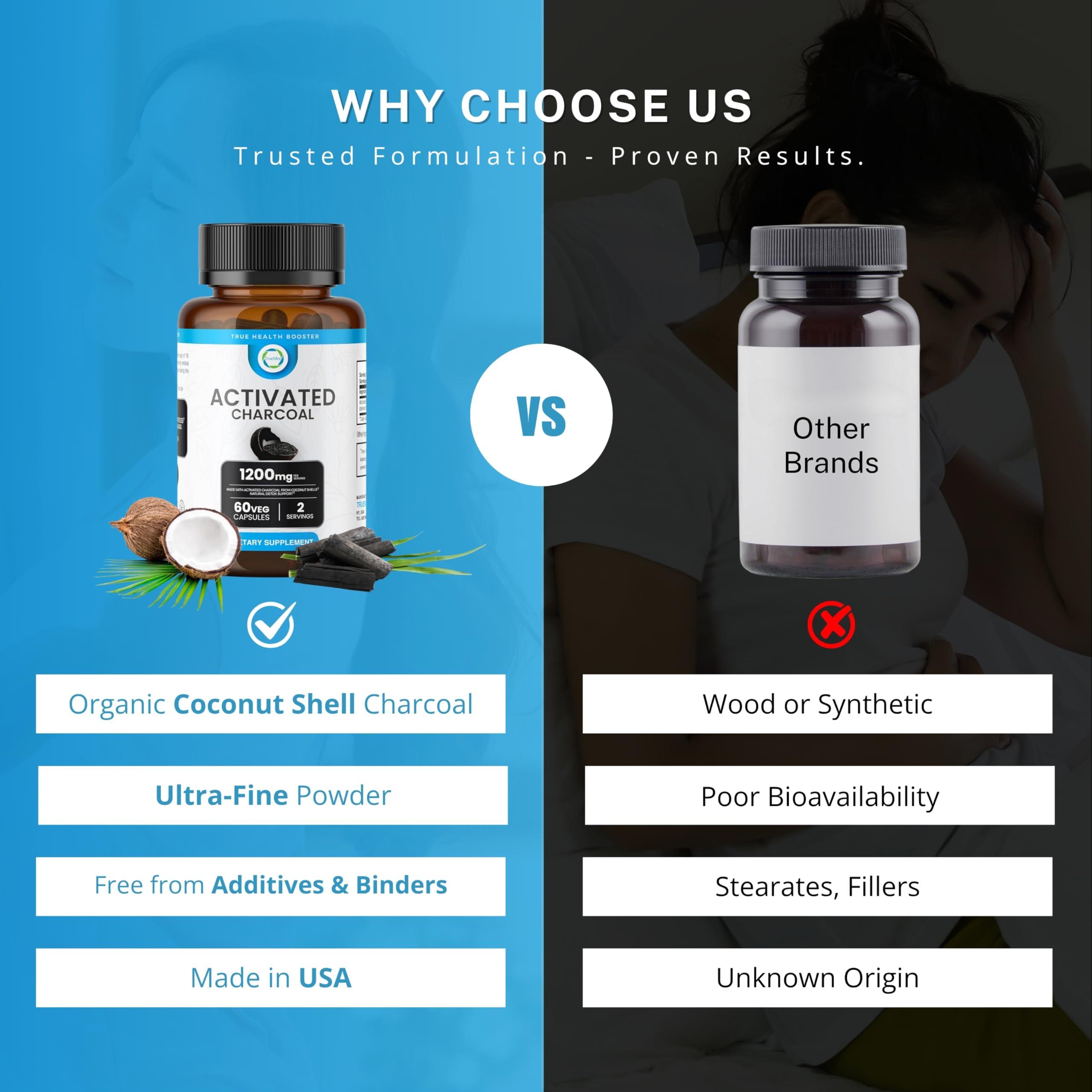 TRUEMED TRUEMED Activated Charcoal Organic Coconut Shell Derived Charcoal Capsule,1200mg, 60 Capsules, Support Detox & Digestive Health, Activated Charcoal Capsules for Health-Conscious Individuals