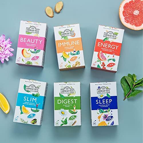 Ahmad Tea Ahmad Tea Natural Benefit Functional Tea Selection Pack | Green teas, Fruit & Herbal Infusions | Perfect herbal tea gift - 60 Teabag Sachets | 6 blends