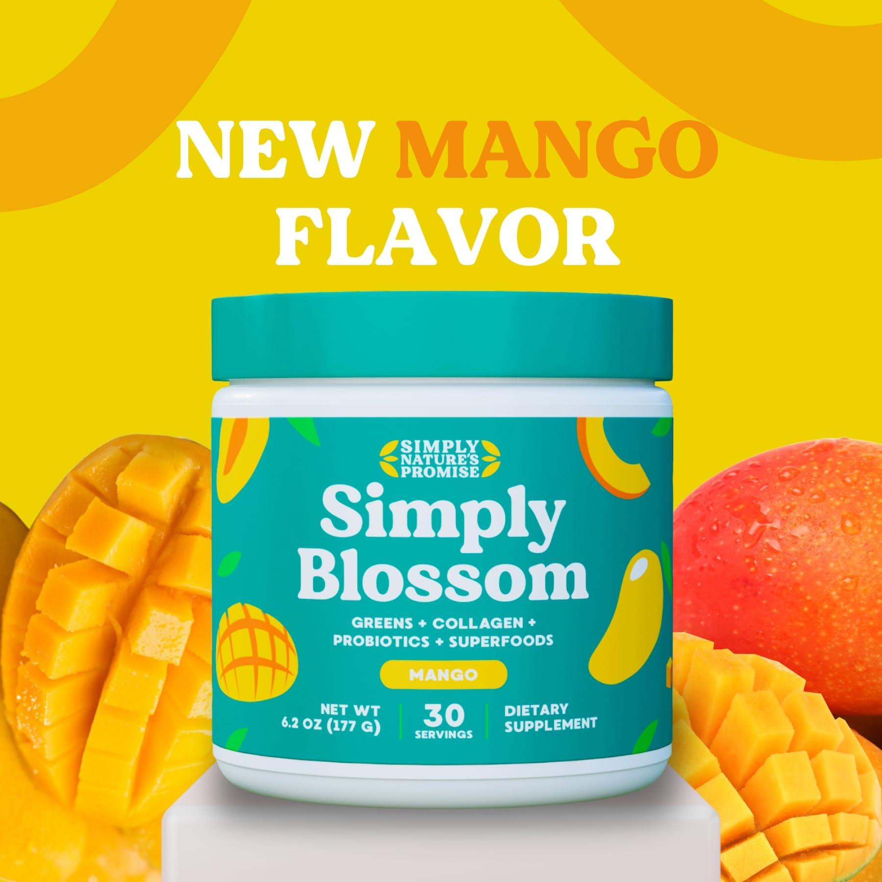 Simply Nature's Promise Simply Blossom Nutrition Daily Greens & Superfood Powder + Collagen + Probiotics for Women's Digestive Health & Bloating Relief. Help Your Health Bloom - 30 Day Supply - Mango