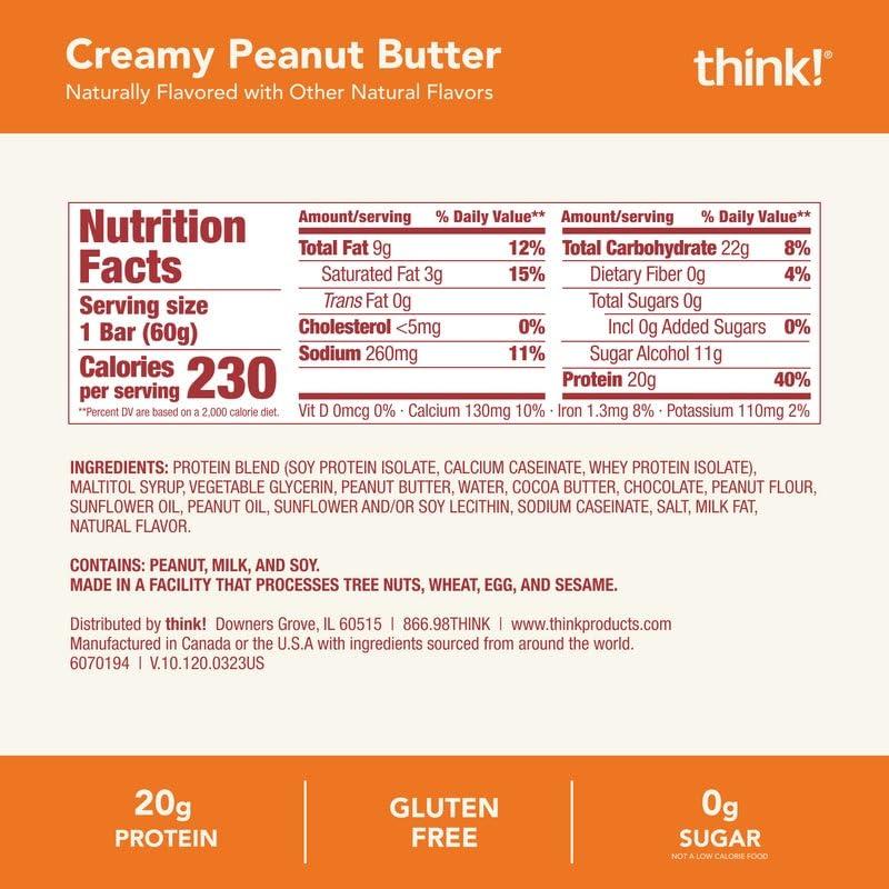 think! think! Protein Bars, High Protein Snacks, Gluten Free, Kosher Friendly, Creamy Peanut Butter, Nutrition Bars, 2.1 Oz per Bar, 12 Count (Packaging May Vary)