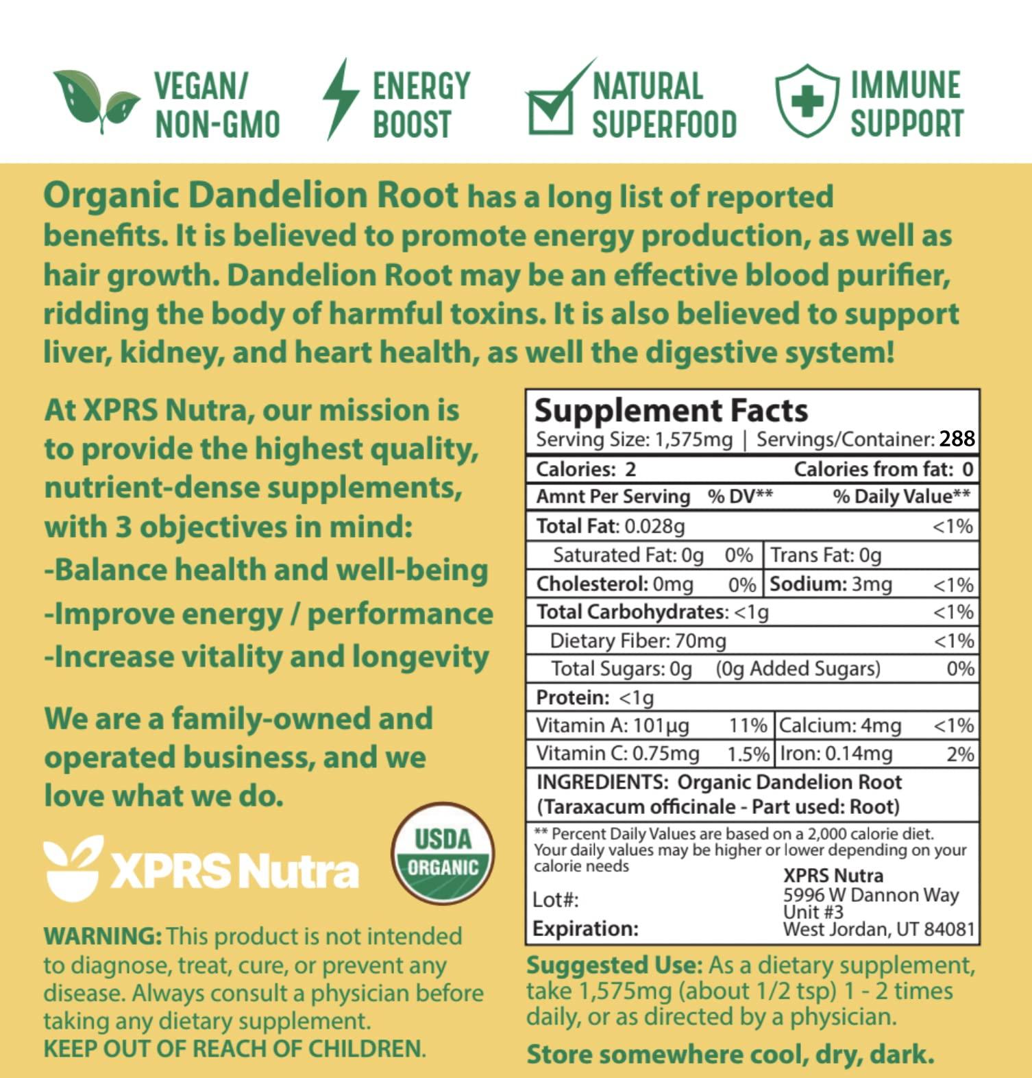 XPRS Nutra XPRS Nutra Organic Dandelion Root Powder - Vegan Friendly Antioxidant Power for Liver Support - Dandelion Root for Tea and Beverages - Immune Boosting Dandelion Powder (16 Ounce)